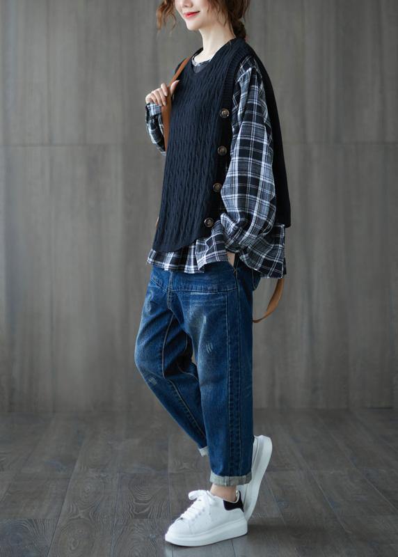 Simple black shirts women o neck patchwork cotton top - SooLinen