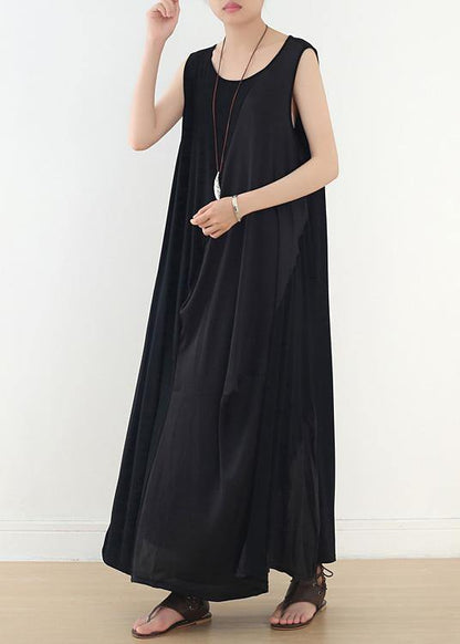 Simple black sleeveless cotton clothes For Women patchwork Maxi summer Dress - SooLinen