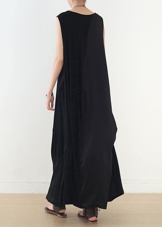 Simple black sleeveless cotton clothes For Women patchwork Maxi summer Dress - SooLinen