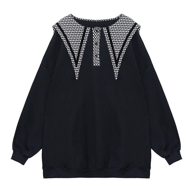 Simple black top Sailor Collar Button Down Art tops - SooLinen