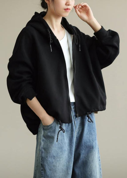 Simple black tunics for women hooded zippered cotton tops - SooLinen