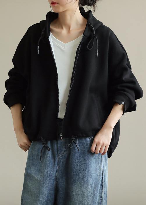Simple black tunics for women hooded zippered cotton tops - SooLinen