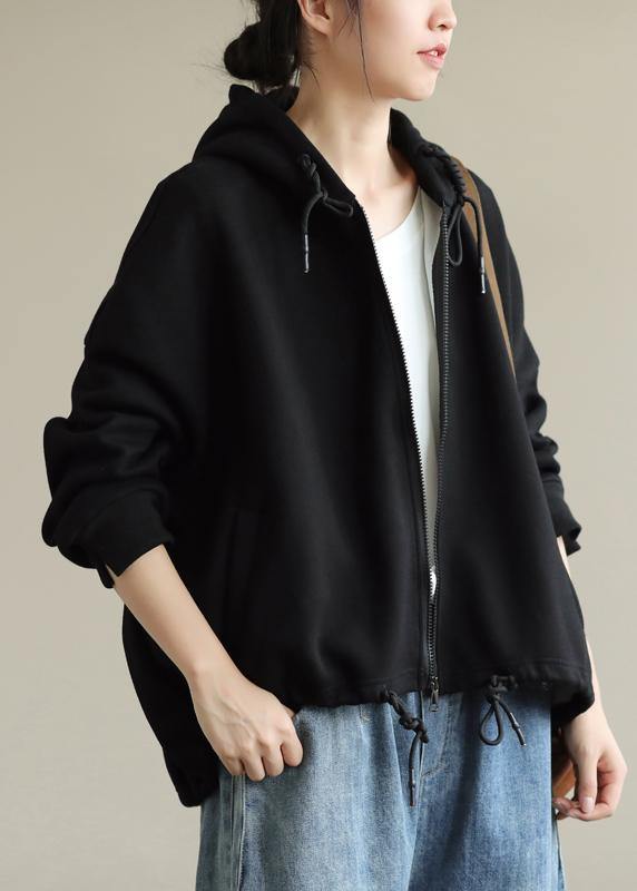 Simple black tunics for women hooded zippered cotton tops - SooLinen