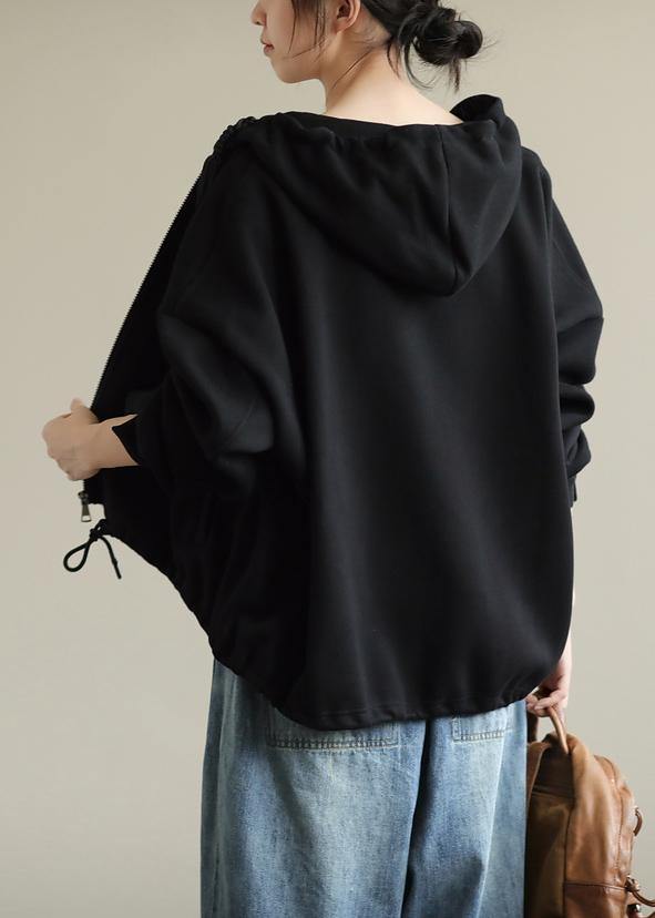 Simple black tunics for women hooded zippered cotton tops - SooLinen