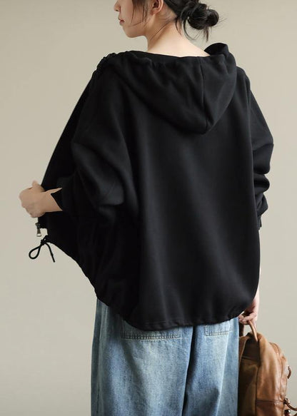 Simple black tunics for women hooded zippered cotton tops - SooLinen
