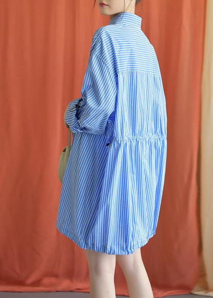 Simple blue Cotton dresses drawstring Knee fall Shirt Dresses - SooLinen