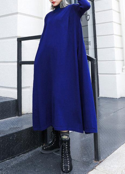 Simple blue Sweater dress outfit Street Style high neck pockets Ugly knit dresses - SooLinen
