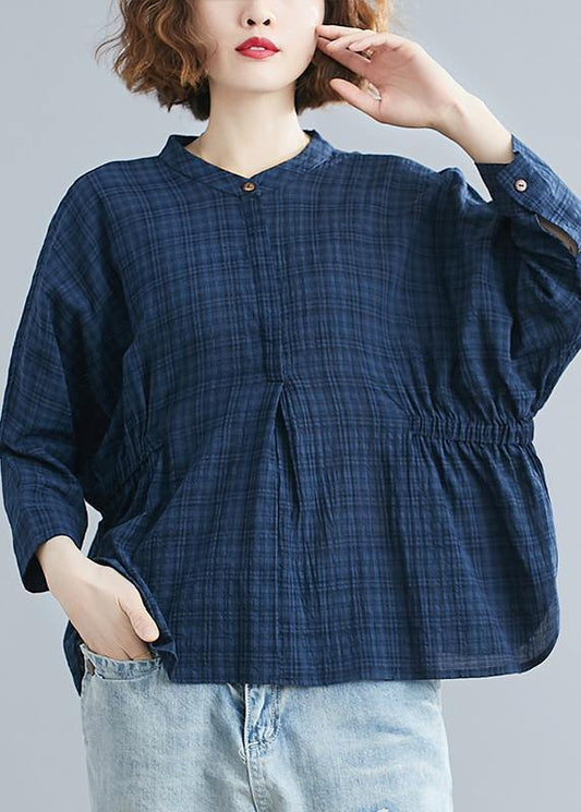 Simple blue cotton crane tops stand collar Batwing Sleeve short shirts - SooLinen