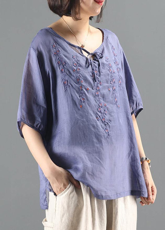 Simple blue embroidery top Sewing o neck short sleeve shirts - SooLinen