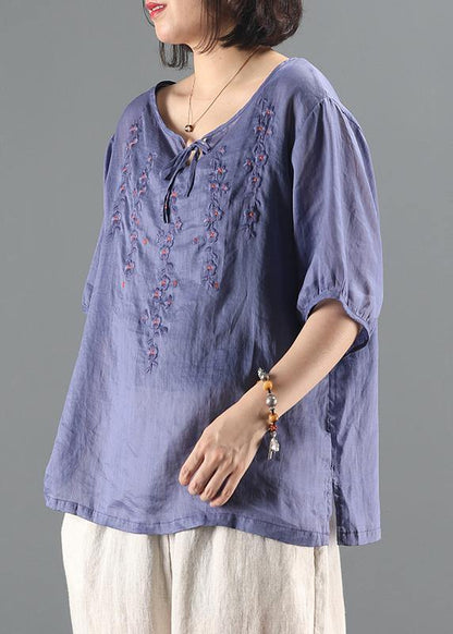 Simple blue embroidery top Sewing o neck short sleeve shirts - SooLinen