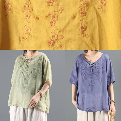 Simple blue embroidery top Sewing o neck short sleeve shirts - SooLinen