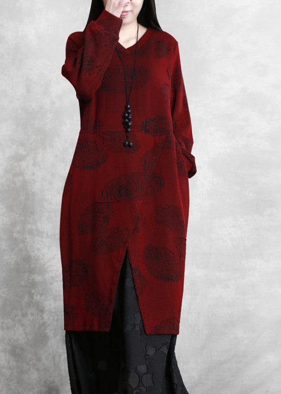 Simple burgundy clothes For Women v neck pockets long Dresses - SooLinen