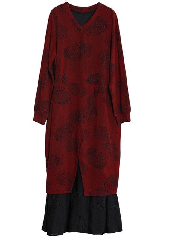 Simple burgundy clothes For Women v neck pockets long Dresses - SooLinen