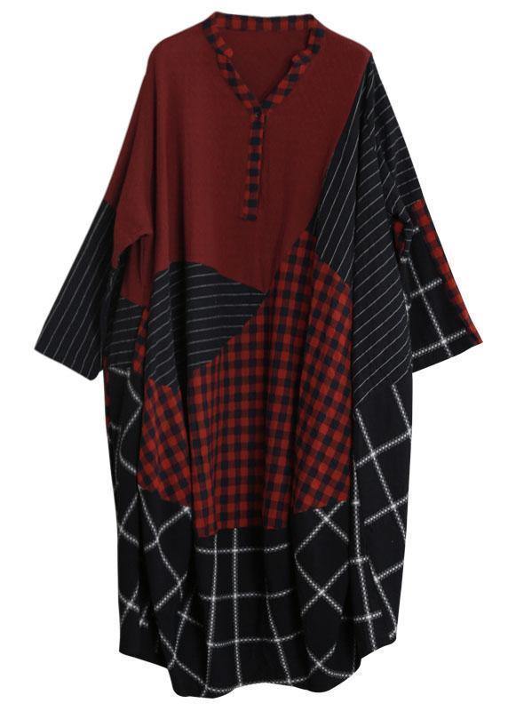 Simple burgundy plaid clothes v neck patchwork Maxi Dress - SooLinen