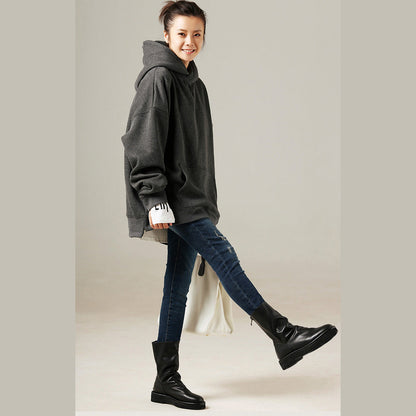 Einfache Baumwollbluse stylische große Taschen Outfits graue Silhouette Top mit Kapuze