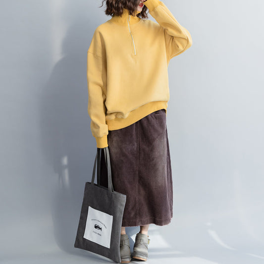 Einfaches Baumwoll-Tunika-Top, hochwertiges High-Neck-Nähtop in Gelb