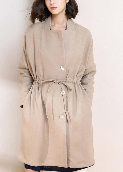 Simple drawstring Plus Size spring maxi coat nude Plus Size Clothing coats - SooLinen