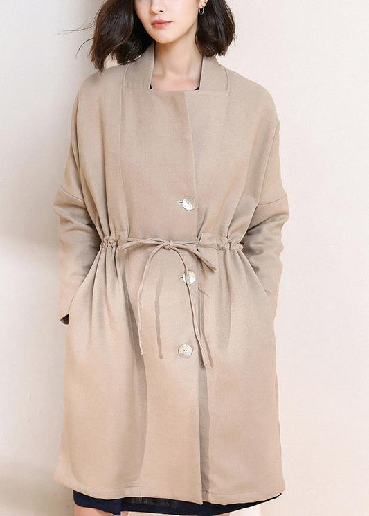 Simple drawstring Plus Size spring maxi coat nude Plus Size Clothing coats - SooLinen