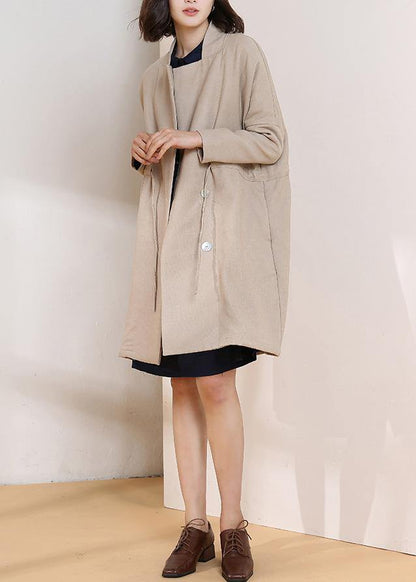 Simple drawstring Plus Size spring maxi coat nude Plus Size Clothing coats - SooLinen