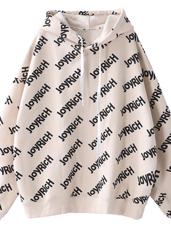 Simple drawstring cotton hooded top silhouette Outfits beige alphabet prints tops - SooLinen