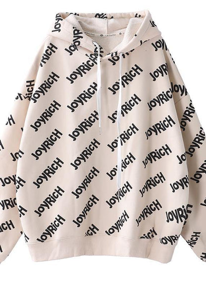 Simple drawstring cotton hooded top silhouette Outfits beige alphabet prints tops - SooLinen