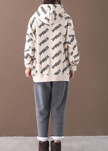 Simple drawstring cotton hooded top silhouette Outfits beige alphabet prints tops - SooLinen