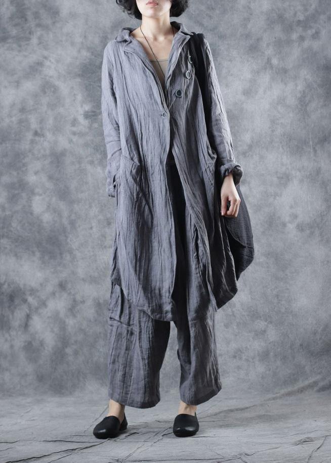 Simple gray linen tunic top lapel collar Midi long sleeve coat - SooLinen