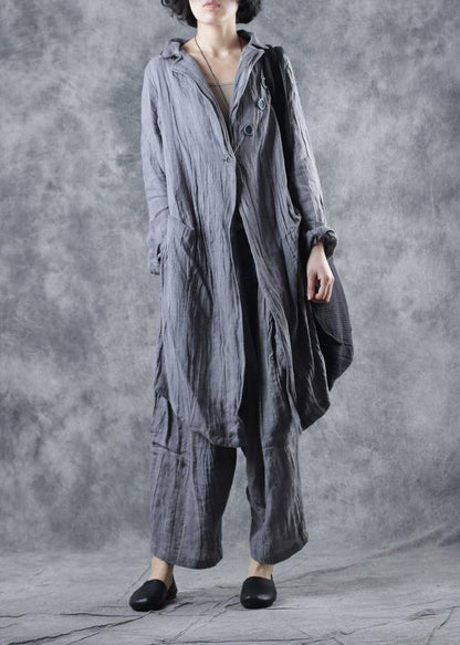 Simple gray linen tunic top lapel collar Midi long sleeve coat - SooLinen
