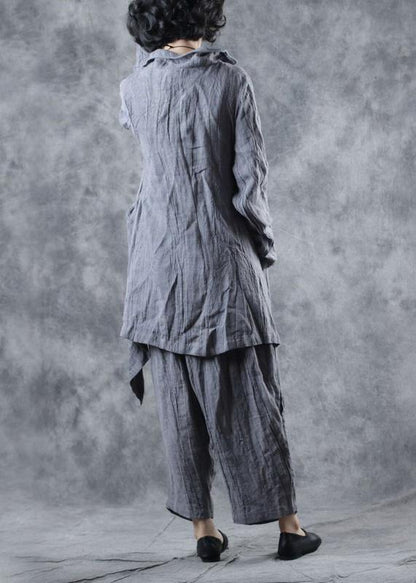 Simple gray linen tunic top lapel collar Midi long sleeve coat - SooLinen
