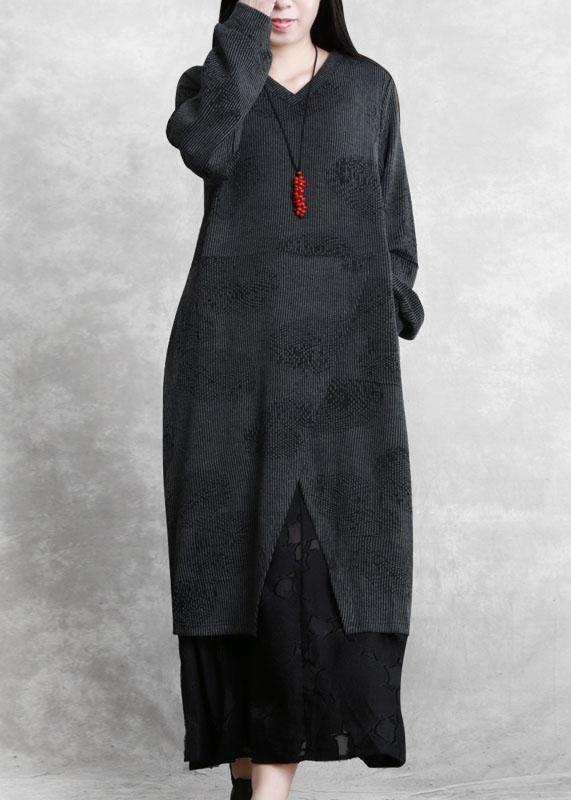 Simple gray quilting dresses v neck patchwork Robe fall Dresses - SooLinen