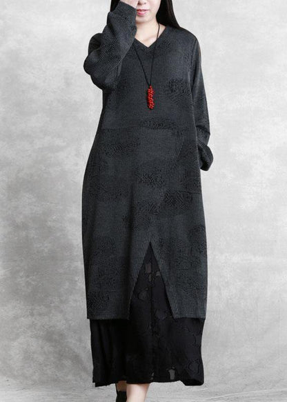 Simple gray quilting dresses v neck patchwork Robe fall Dresses - SooLinen