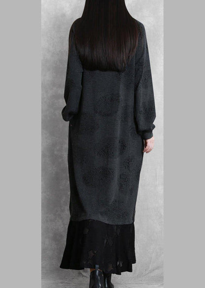 Simple gray quilting dresses v neck patchwork Robe fall Dresses - SooLinen