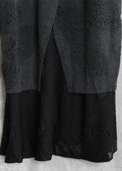 Simple gray quilting dresses v neck patchwork Robe fall Dresses - SooLinen