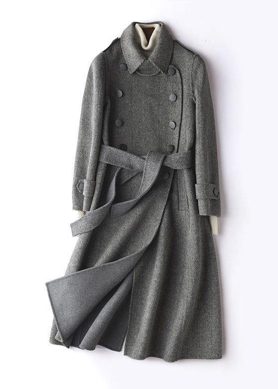 Simple gray striped Plus Size Long Woolen CoatsTutorials lapel tie waist outwears - SooLinen