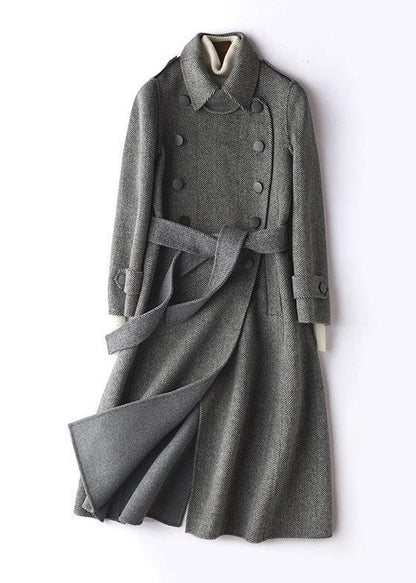 Simple gray striped Plus Size Long Woolen CoatsTutorials lapel tie waist outwears - SooLinen