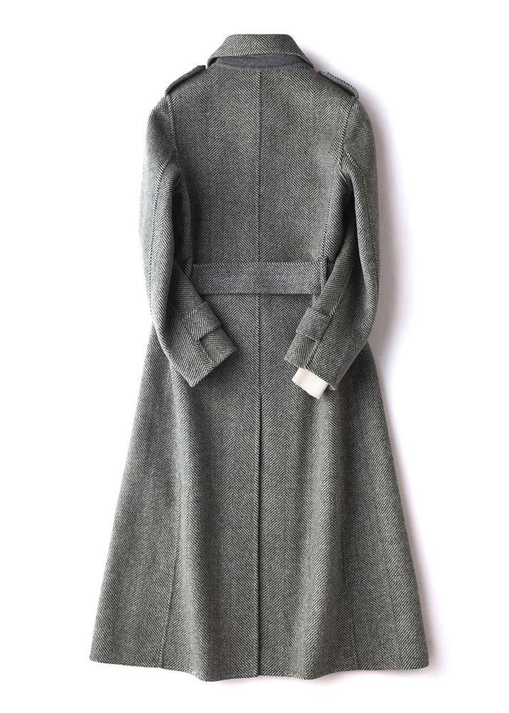 Simple gray striped Plus Size Long Woolen CoatsTutorials lapel tie waist outwears - SooLinen
