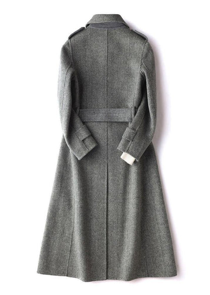 Simple gray striped Plus Size Long Woolen CoatsTutorials lapel tie waist outwears - SooLinen