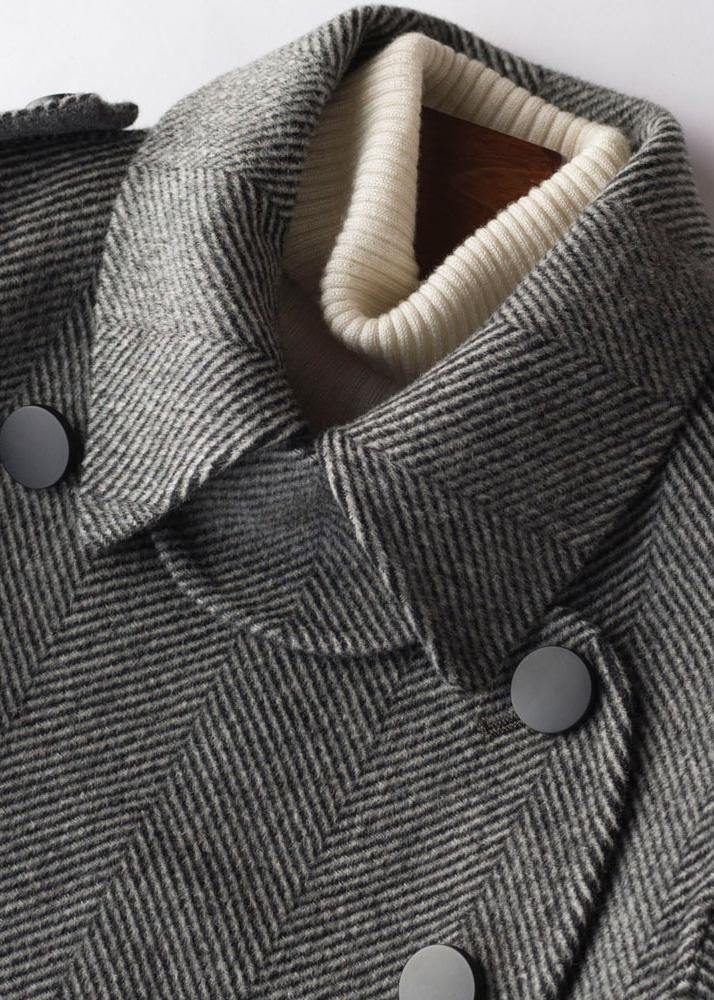 Simple gray striped Plus Size Long Woolen CoatsTutorials lapel tie waist outwears - SooLinen