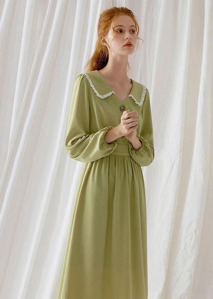 Simple green blended Wardrobes Peter pan Collar Dresses fall Dress - SooLinen