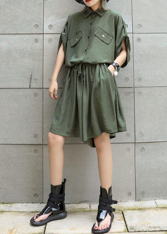 Simple green false two pieces cotton quilting dresses drawstring Art summer Dress - SooLinen