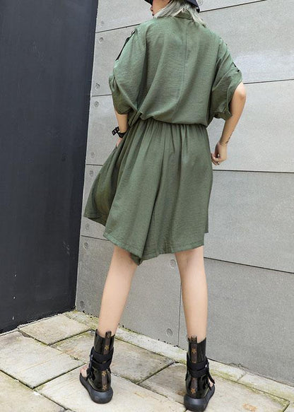 Simple green false two pieces cotton quilting dresses drawstring Art summer Dress - SooLinen