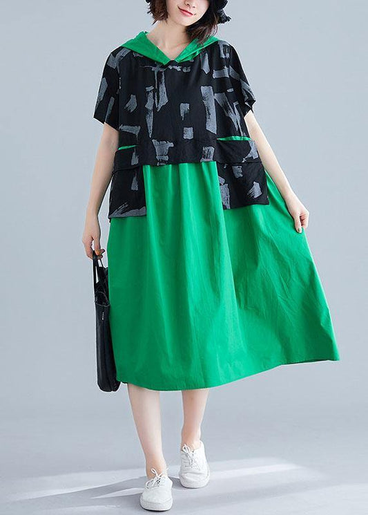 Simple green hooded cotton clothes patchwork Art summer Dresses - SooLinen