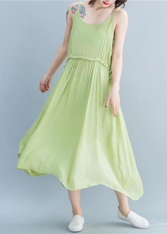 Simple green linen dresses Spaghetti Strap drawstring loose summer Dresses - SooLinen