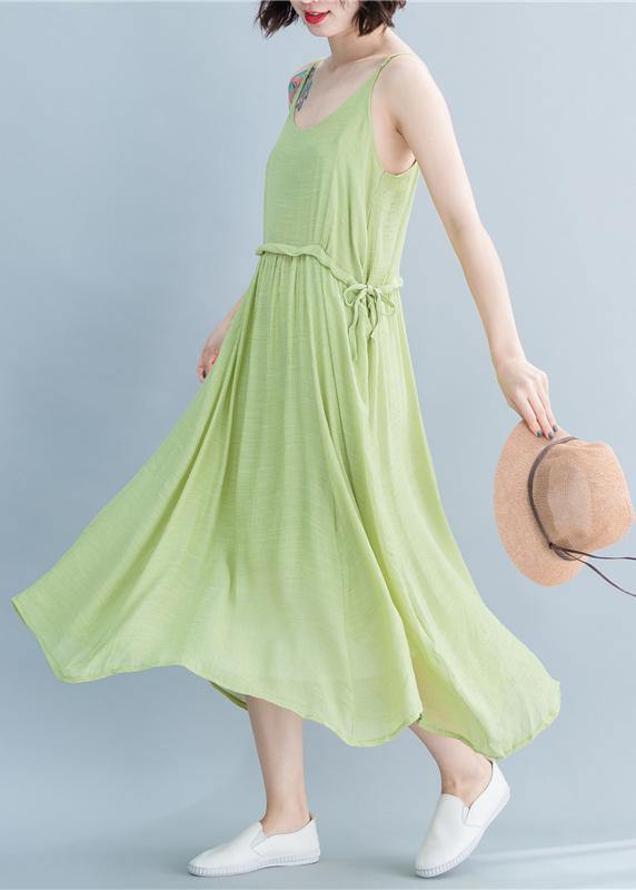 Simple green linen dresses Spaghetti Strap drawstring loose summer Dresses - SooLinen