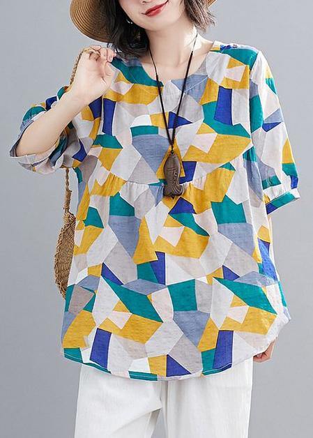 Simple green print linen clothes For Women Shape o neck lantern sleeve summer top - SooLinen