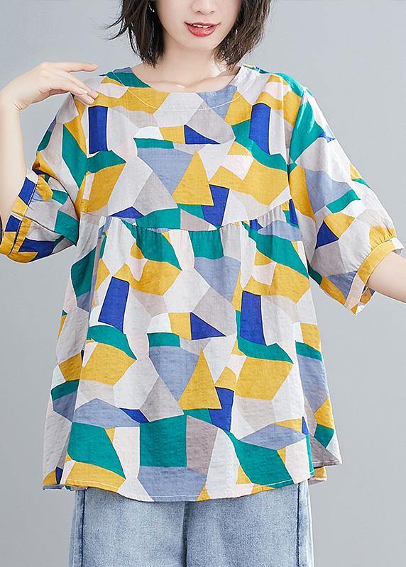 Simple green print linen clothes For Women Shape o neck lantern sleeve summer top - SooLinen