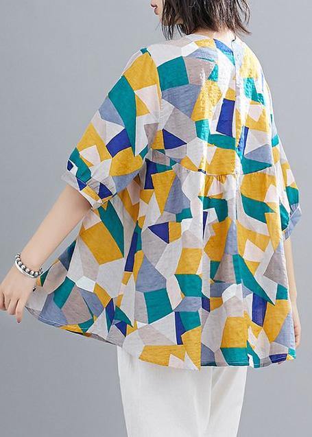 Simple green print linen clothes For Women Shape o neck lantern sleeve summer top - SooLinen