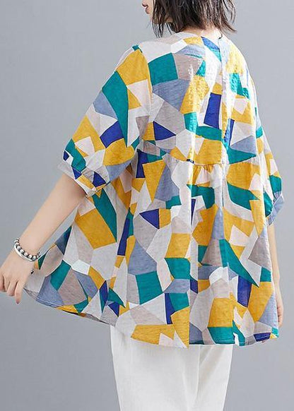 Simple green print linen clothes For Women Shape o neck lantern sleeve summer top - SooLinen