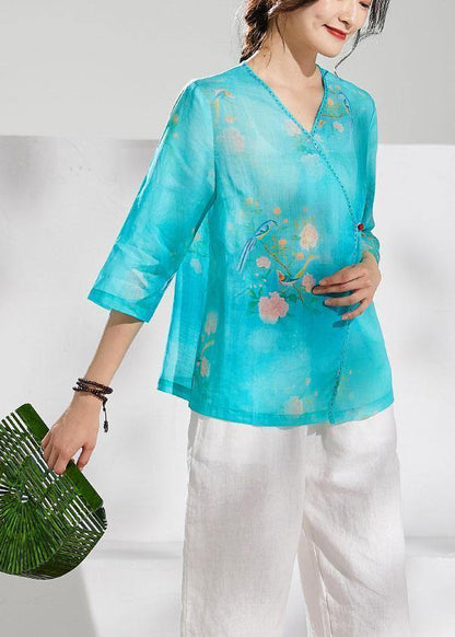 Simple green print linen clothes v neck summer blouses - SooLinen