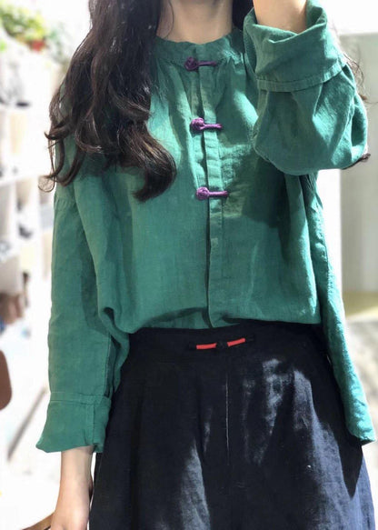 Simple green stand collar linen blouses for women Chinese Button silhouette fall blouse - SooLinen